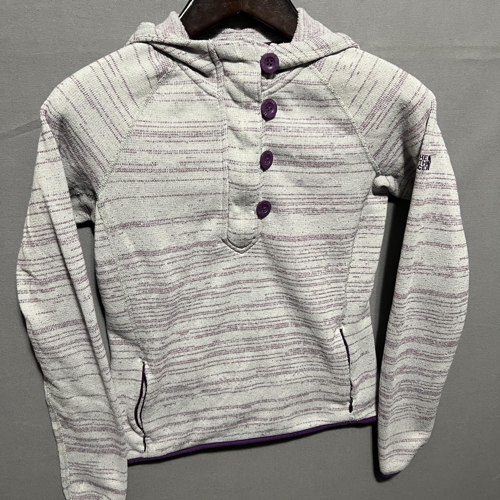 The North Face Hoodie Womens Medium Gray Striped Fleece Henley 1/4 Zip Pullover - Picture 2 of 8